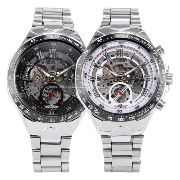 New WINNER Relojes Watches Top Branded Mens Classic Stainless Steel Self Wind Skeleton Mechanical Watch Fashion Cross Wristwatch 5