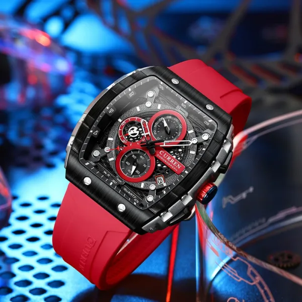 CURREN Sport Chronograph Quartz Watch for Men Fashion Blue Silicone Strap Tonneau Dial Wristwatch with Date 3atm Waterproof 5