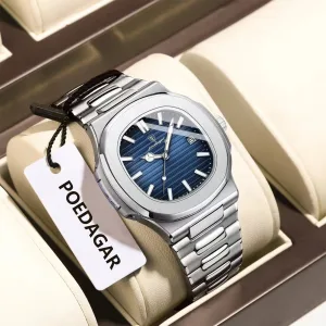 POEDAGAR Luxury Brand Men's Quartz Wristwatch Stainless Steel Waterproof Luminous Date Man Clock Square Business Watches For Men 1
